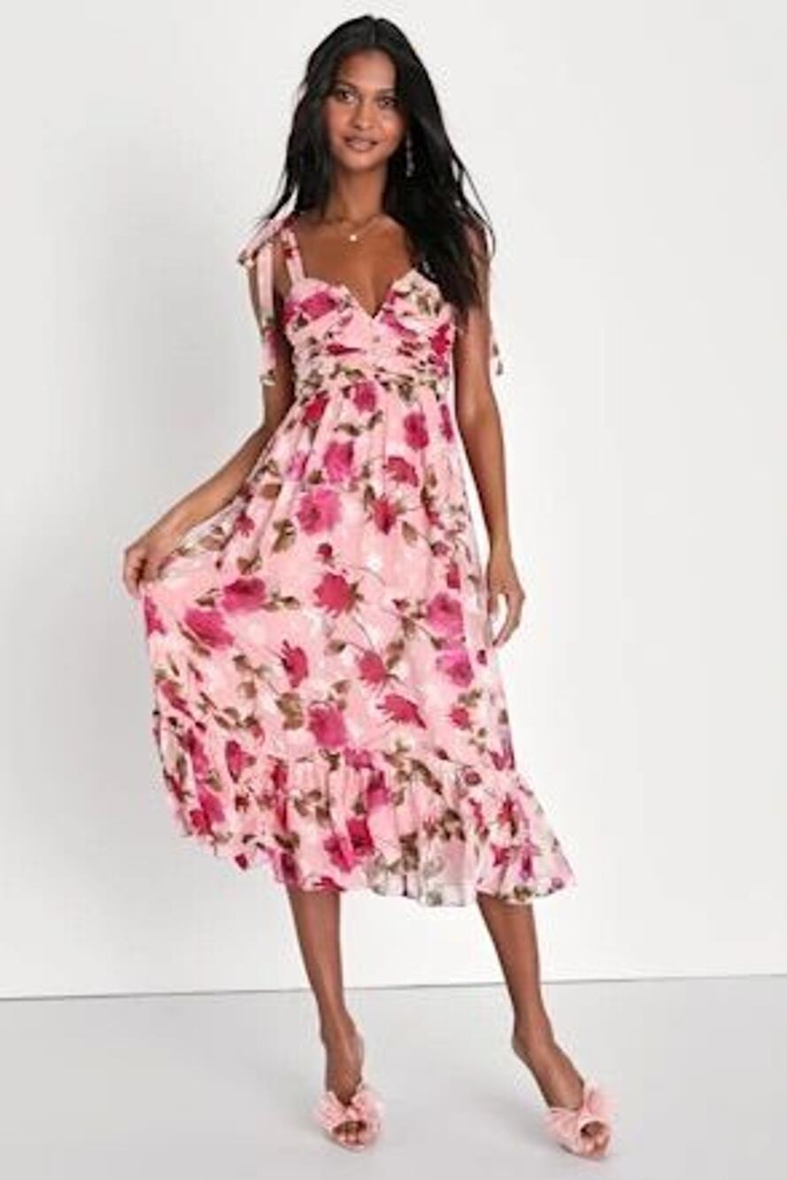 Lulus Devin Pink Floral Tie Strap Midi Dress Size XL